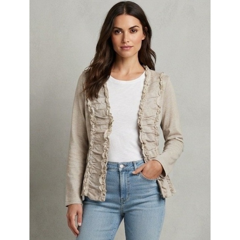 NWT Nick & Mo Y2K Ruffle Zip Front Lightweight Jacket Women Large Oatmeal Cotton